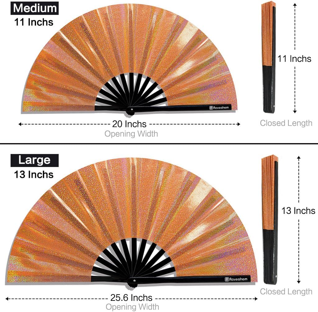 Large Rave Fan, Clack Folding Hand Fan with Premium Fabric, Thick Bamboo Frame for Men Women Gift for EDM, Festival, Club, Party, Dance, Decoration (Lridescent Orange, 13")