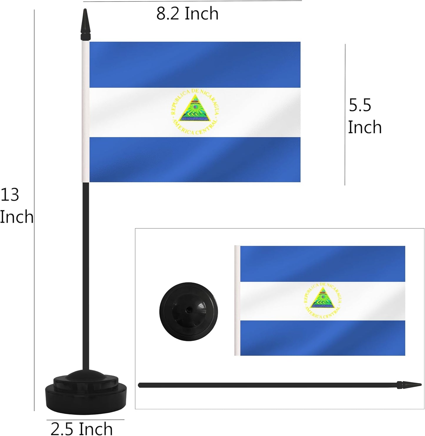 2 Pack Nicaragua Desk Flag Set, Nicaraguan Desktop Small Miniature Table Office Flag with 12" Black Pole and Black Base, Offices, Classroom, Home, Festival Decoration (Nicaragua)