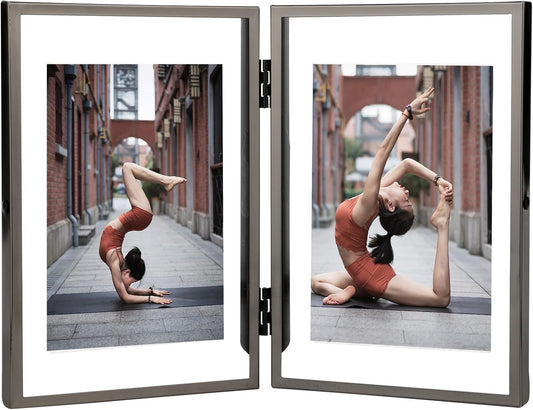4x6'' Charcoal Black Double Floating Frame, for 2x3'', 3x5''. Black Plated Metal Frames For Tabletop/Shelf Photo Frame, Gift Choice for Wedding, Easter, Christmas,Birthady, Home or Office Decor.