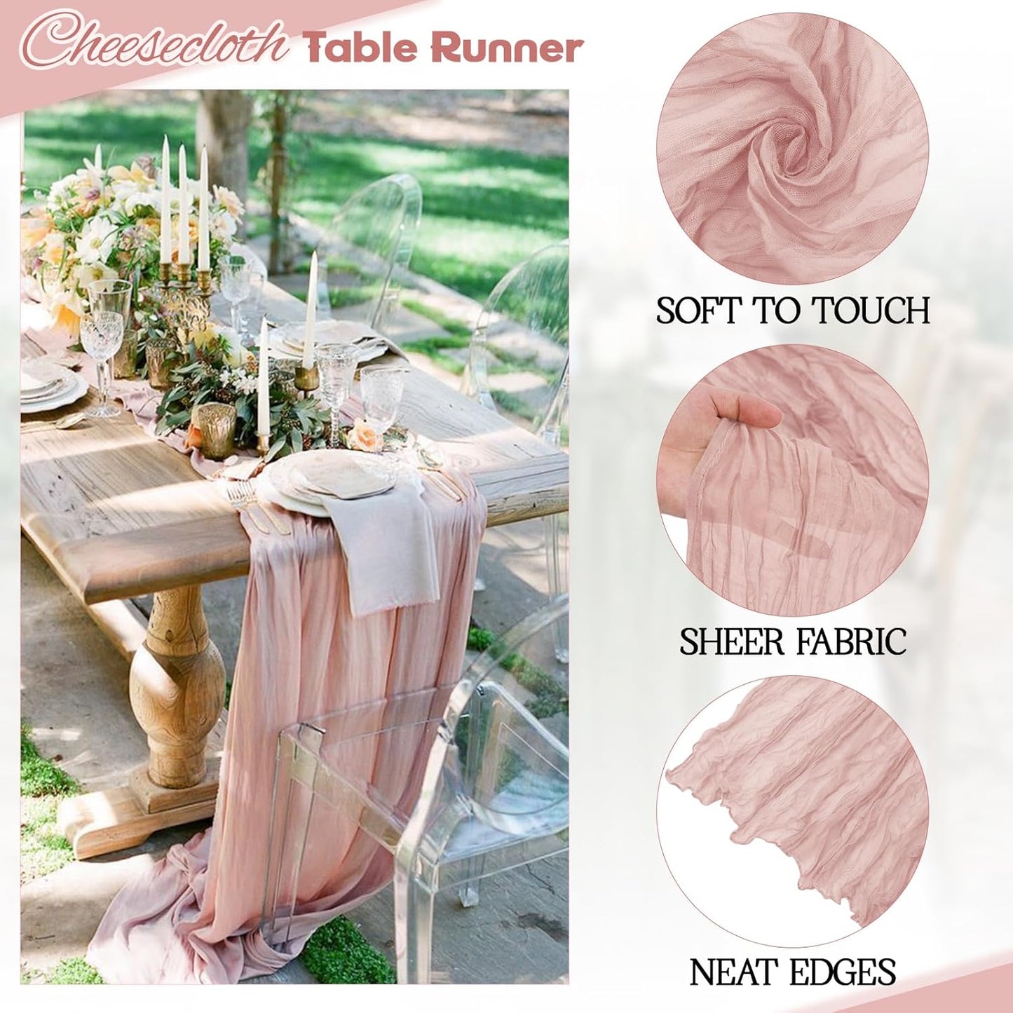 Aktor 4 Pack Dusty Pink Table Runner Boho Cheesecloth Table Runner Semi Sheer Gauze Fabric Runners for Wedding Birthday Baby Shower Party Boho Table Decoration（Dusty Pink）