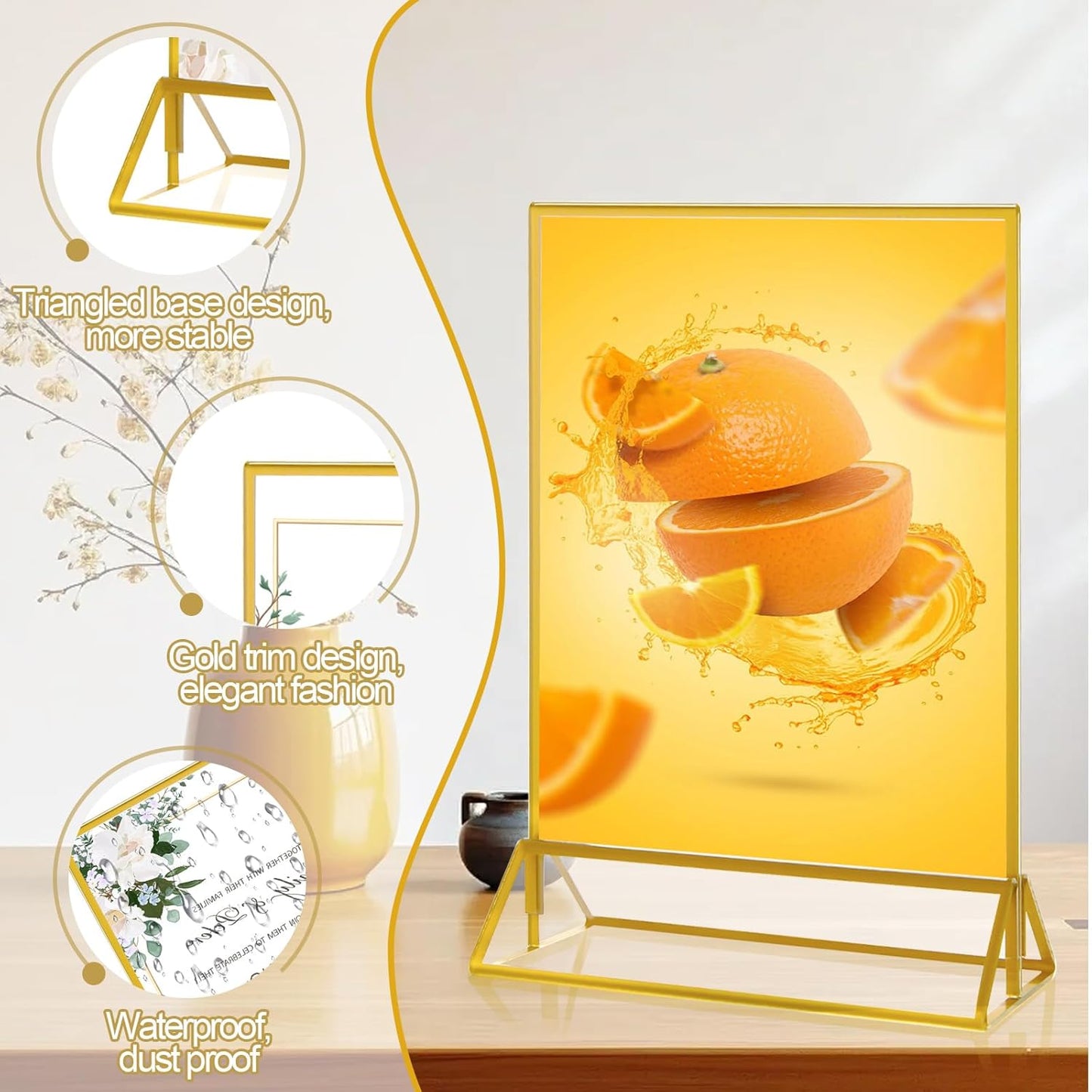 8PCS 5x7" Double-Sided Acrylic Sign Holders, Clear Gold Picture Frames, Table Number Holders with Golden Border for Wedding Reception, Centerpiece, Decoration, Party