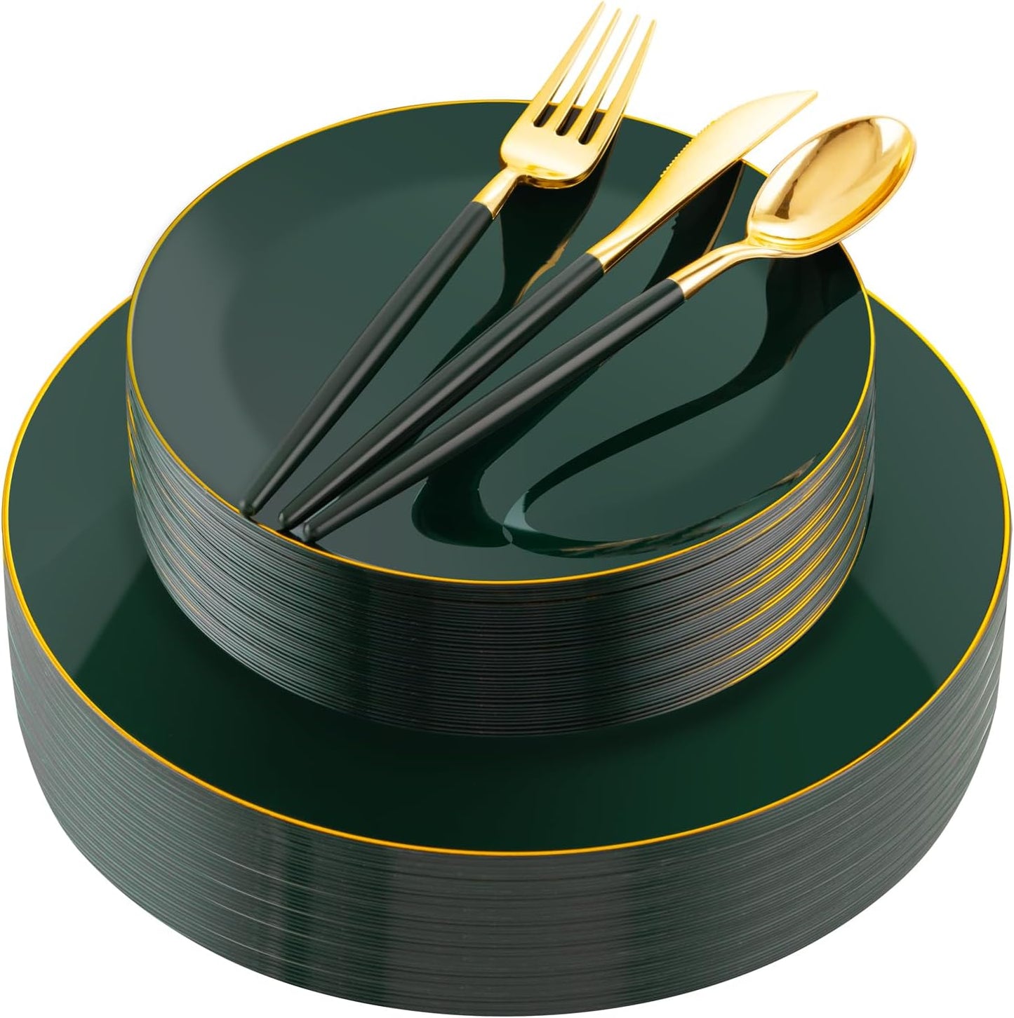 Liacere 150PCS Green Plastic Plates - Gold Plastic Silverware with Green Handle - Heavy Duty Fancy Plastic Plates Disposable Include 30 Guests Plates, Forks, Spoons, Knives for wedding＆Christmas