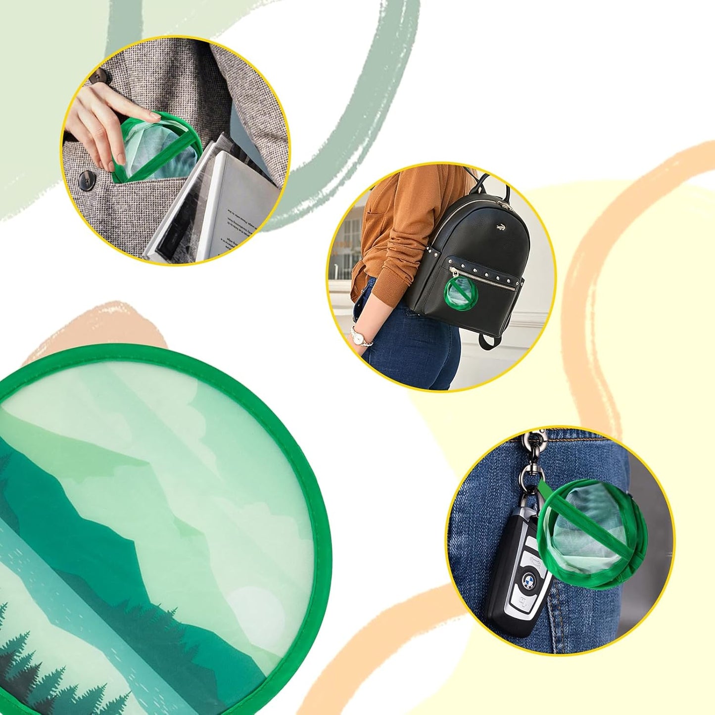 4 Styles Landscape Round Foldable Hand Fan Japanese Foldable Fan Style Handheld Foldable Compact Cooling Fans,Round Folding Fan for Outdoor Games,Xmas Decoration,Festival,Party Favors,Travel,Events