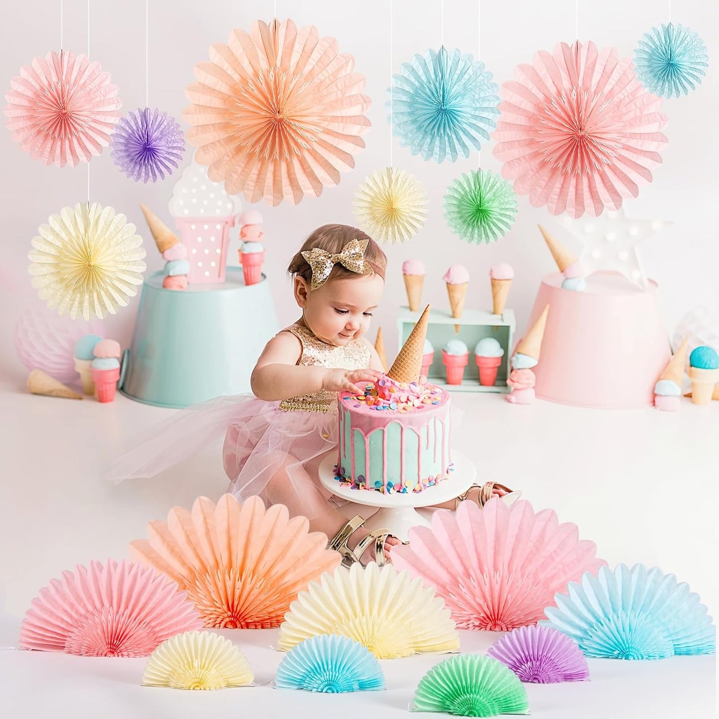 9PCS Huge Pastel Hanging Paper Fans Decoration Macaron Birthday Party Decorations Rainbow Ice Cream Easter Paper Hanging Decor for Bridal Baby Shower Classroom Home Decor