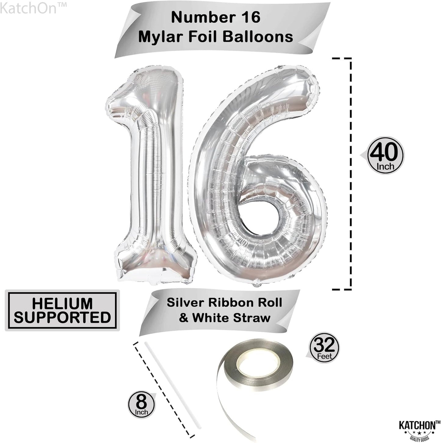 KatchOn, Silver 16 Balloon Numbers - Giant, 40 Inch | Happy 16th Birthday Balloons, Sweet 16 Party Decorations Silver | Sweet 16 Birthday Decorations Silver | 16th Birthday Decorations for Girls