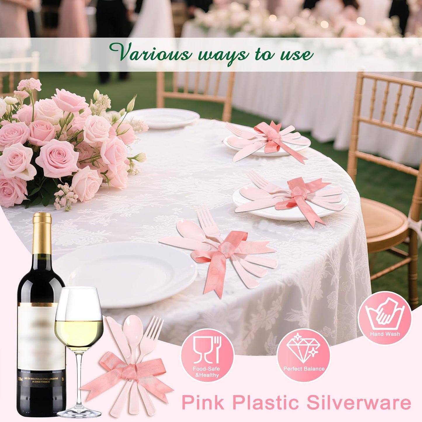 Supernal 300 Pieces Pink Plastic Silverware Heavy Duty Disposable Silverware Pink Utensils Disposable Cutlery Set 100 Forks 100 Knives 100 Spoons for Wedding Party Supplies Everyday Use