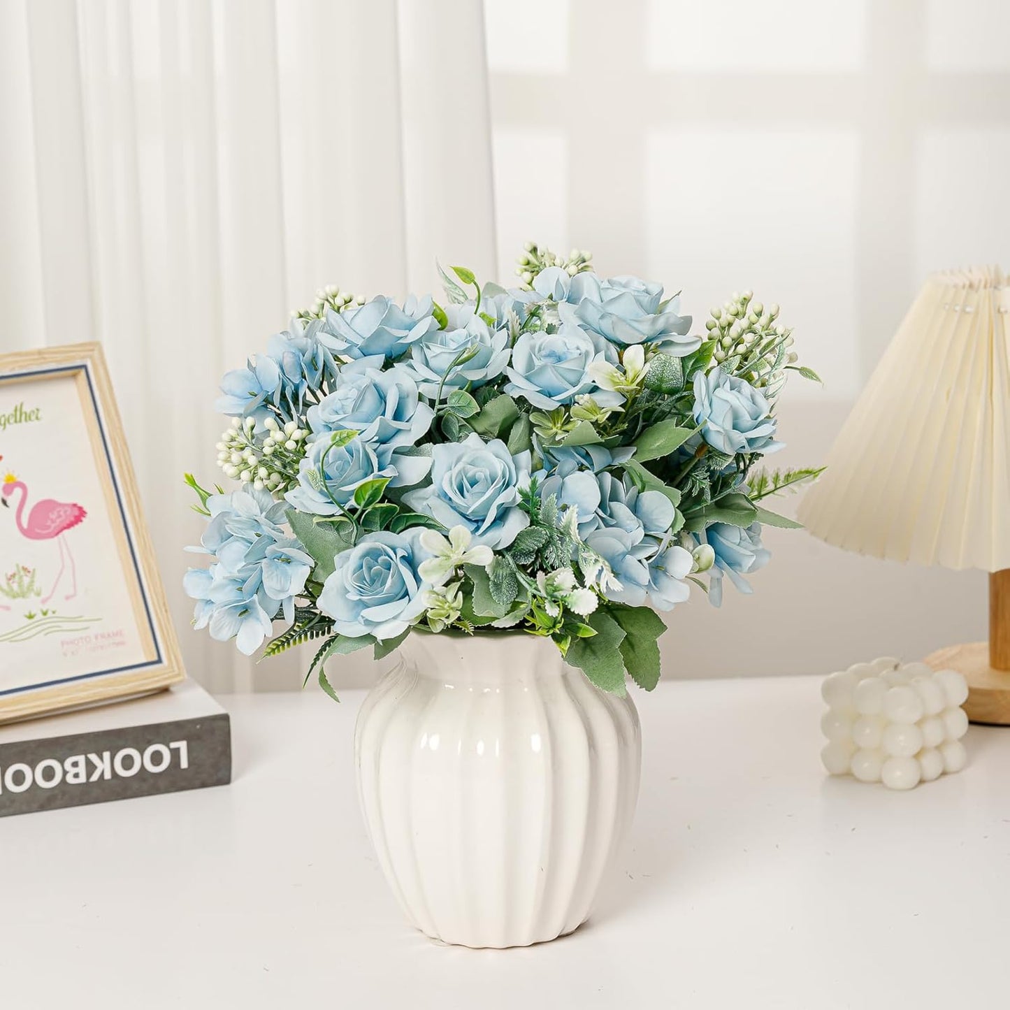 Artificial Flower 5 Branches Artificial Silk Fake Flowers Bouquet Small Roses for Wedding Home Office Tables Decor 2 Packs 4 Packs(Light Blue)