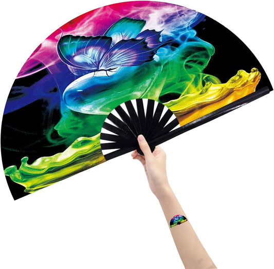Amajiji Large Folding Hand Rave Fan Popping Fan for Line Dancing Clacking Fans for Boots On The Ground Dance,Party,Decoration,Festival (Butterfly Dream)