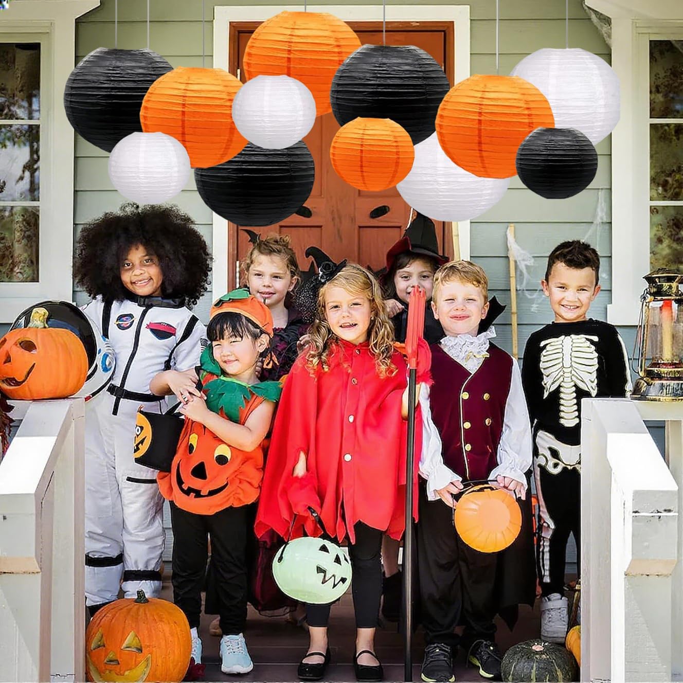 Orange Black White Paper Lanterns Decorative 12pcs Halloween Hanging Decorations for Graduation Thanksgiving Birthday Party Decorations