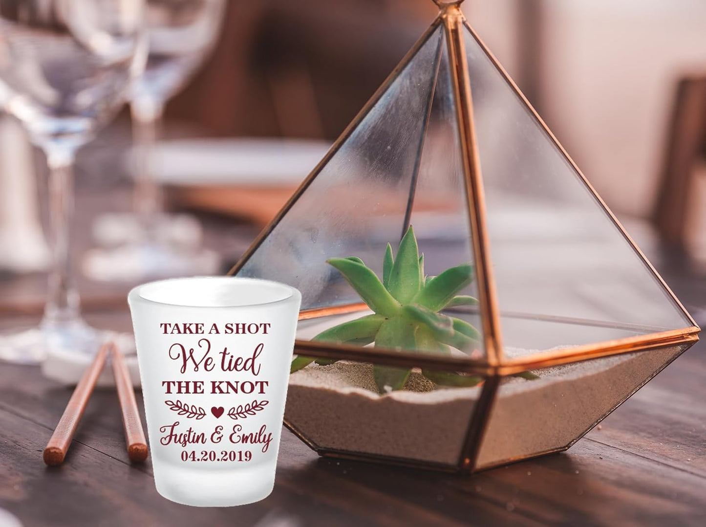 Personalized wedding favor shot glasses, FROSTED shot glass, take a shot we tied the knot