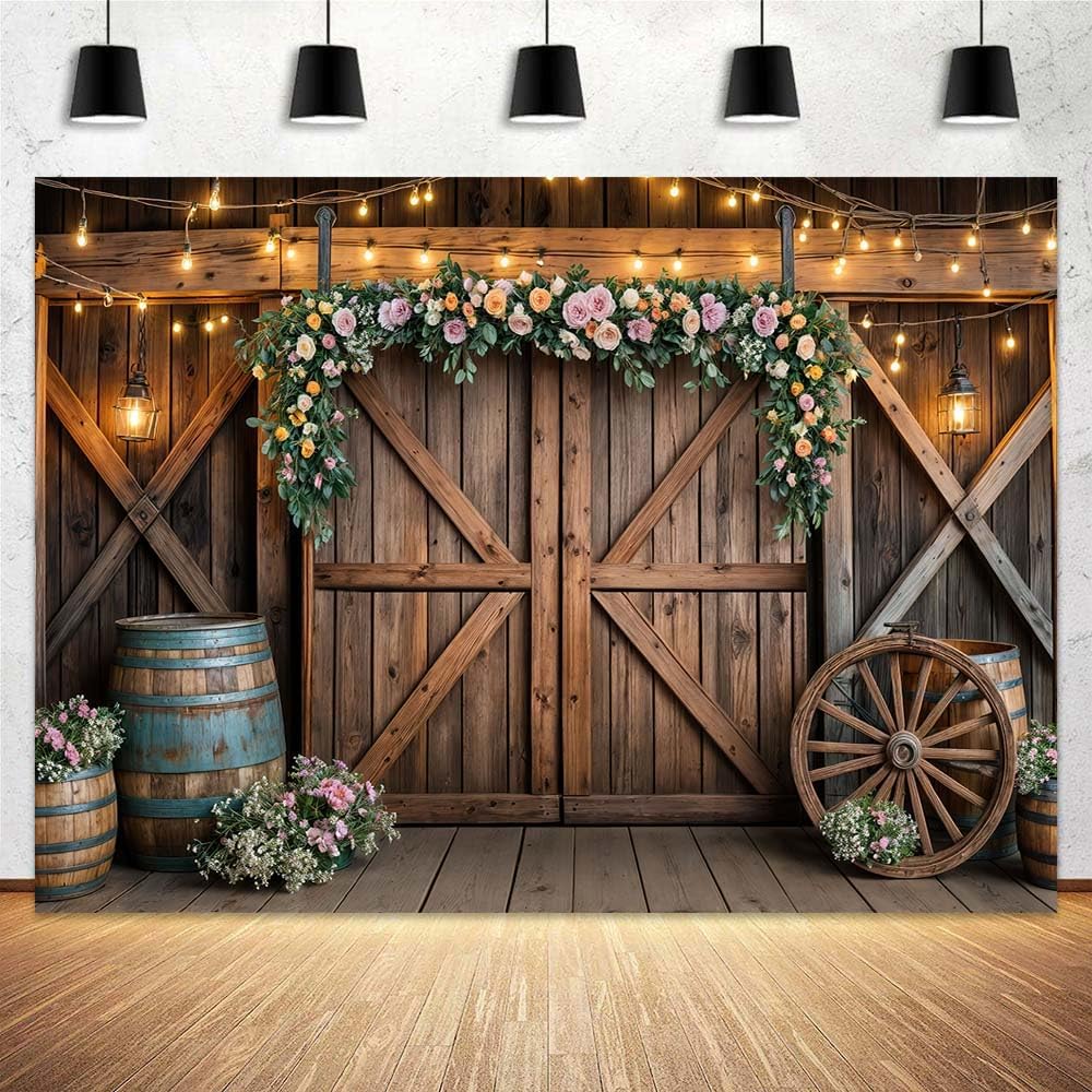 8x6ft Country Wedding Photography Backdrop Rustic Barn Door Photography Backdrop Farmhouse Pink Flower Cabin Wooden Birthday Baby Shower Wedding Bridal Party Banner Photo Booth Props Background