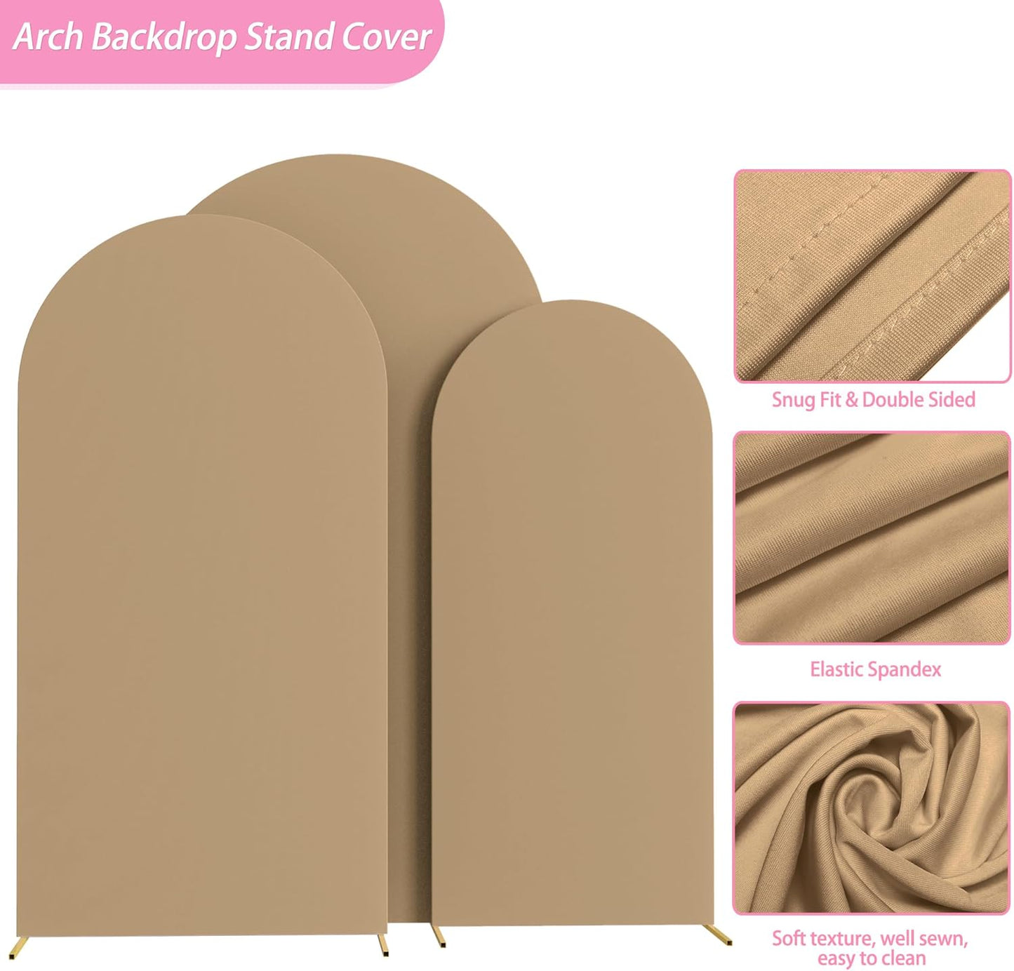 Fomcet Set of 3 Wedding Arch Covers 6FT, 6.6FT, 7.2FT Khaki 2-Sided Round Top Spandex Arch Backdrop Cover Fitted Fabric for Birthday Party Baby Shower Wedding Arch Stand Decoration