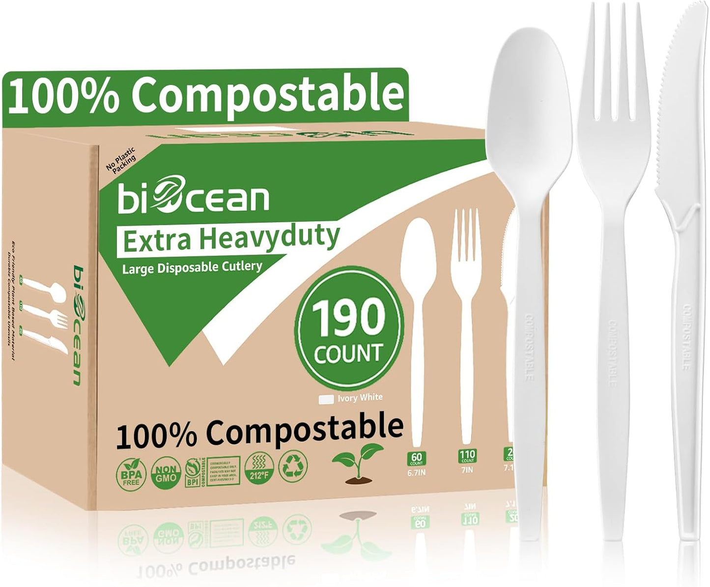 Extra Heavyduty Compostable Cutlery Set - 190 Count Large Disposable Utensils No Plastic Forks Spoons Knives Biodegradable Fork Eco Friendly Silverware for Party,BBQ,Daily Use,Events,Picnic