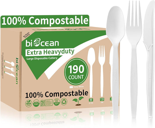 Extra Heavyduty Compostable Cutlery Set - 190 Count Large Disposable Utensils No Plastic Forks Spoons Knives Biodegradable Fork Eco Friendly Silverware for Party,BBQ,Daily Use,Events,Picnic