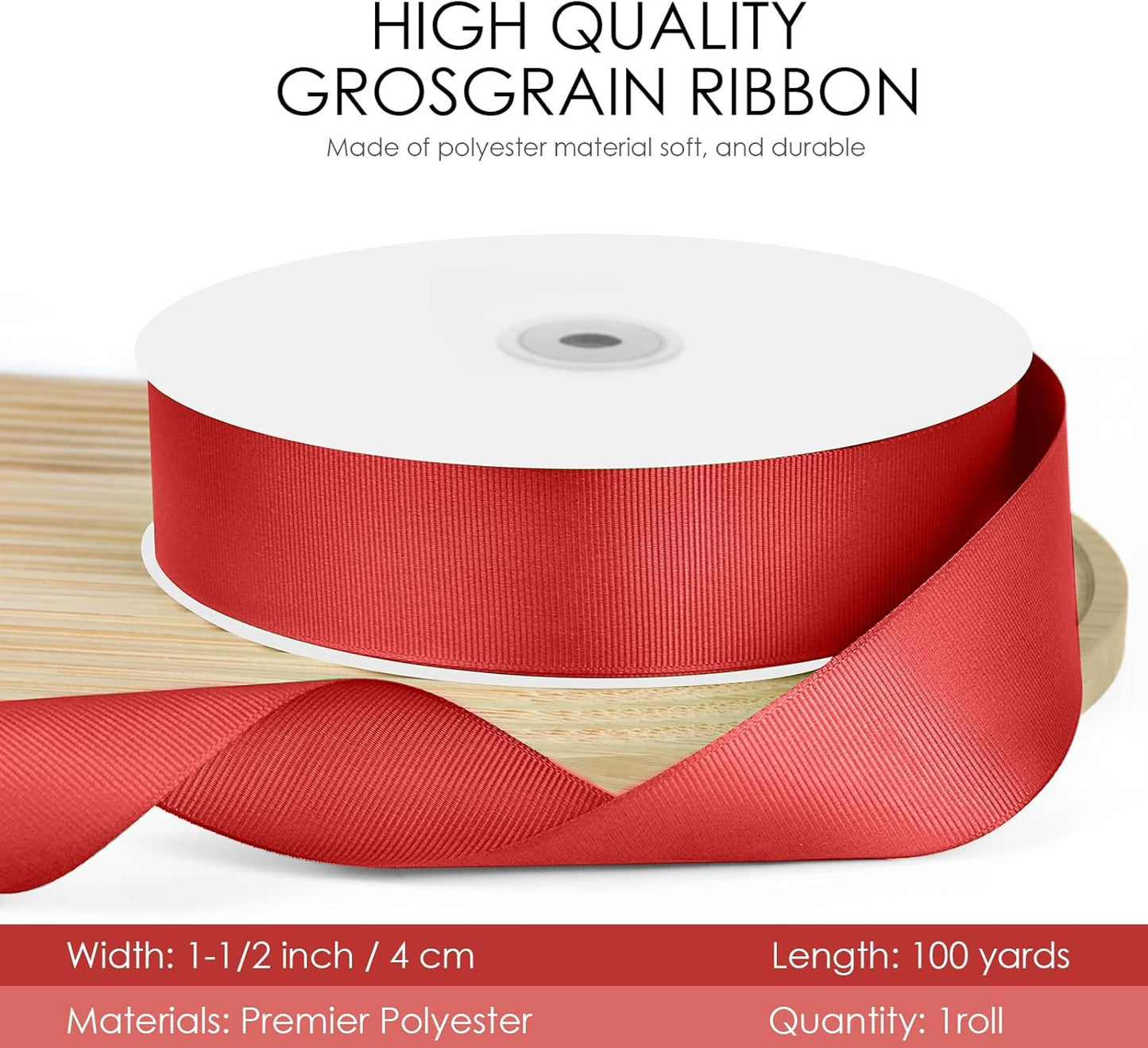 100 Yards 1.5 inch Grosgrain Ribbon, Solid Color Fabric Ribbon Perfect for Gift Wrapping, Wedding, Handmade Bows, Floral Bouquets and Party Decoration(red)