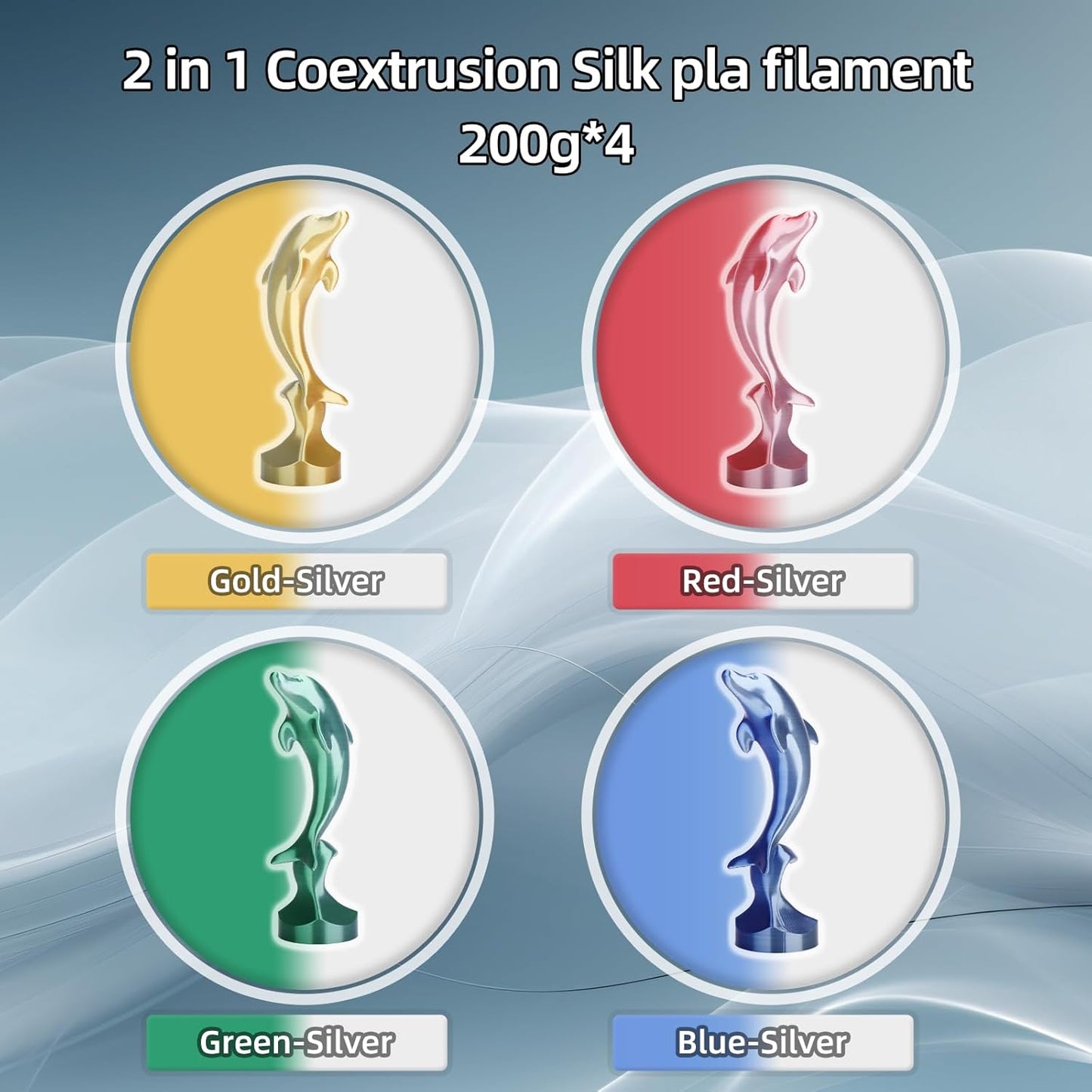 3D Printer Filament Bundle, Silk PLA Filament 1.75mm, Dual Color Filament 200gX 4 Spools Silk Filament Bundle Multicolor