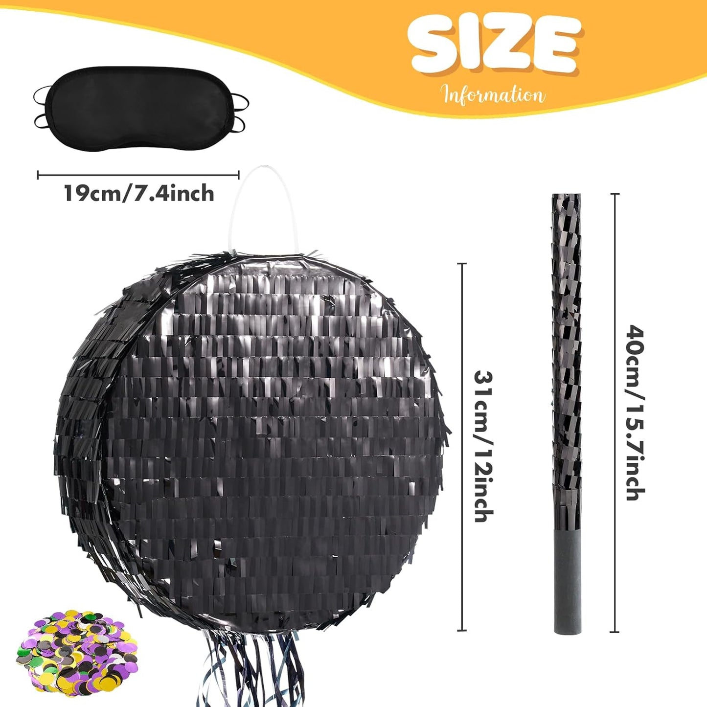 WERNNSAI Black Round Pinata for DIY - Halloween Black Moon Pinata for Kids DIY Birthday Party Disco Decoration for Adult Night Party Supplies with Confetti Bat Blindfold, 12.2”x 12.2”