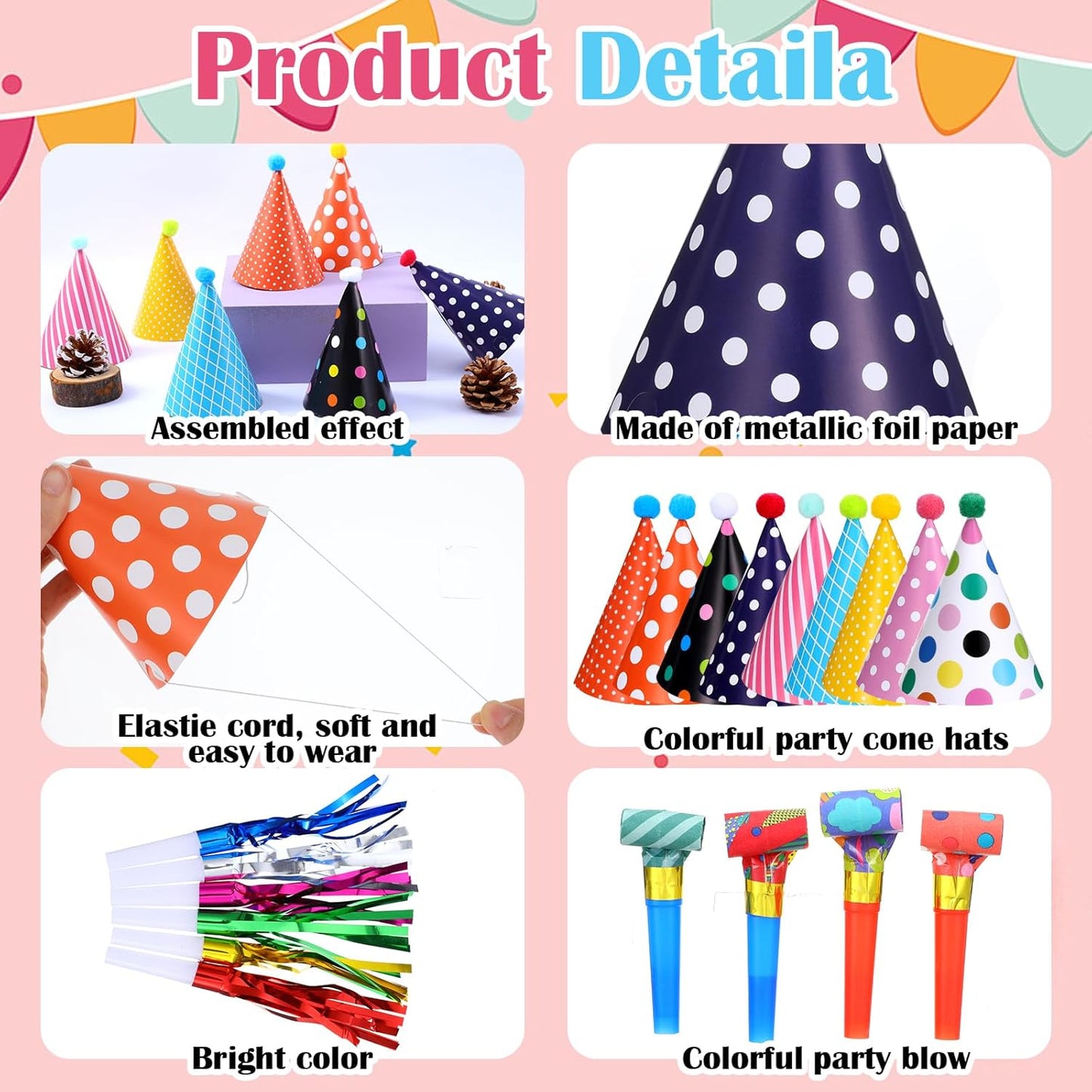 117 Pcs Birthday Party Cone Hats Muti-Color Birthday Cone Headwear Kids Cute Party Hat with Dragon Tassel Noise Makers Whistles Pom Poms Elastic Cord for Kids Baby Shower Costumes Supplies