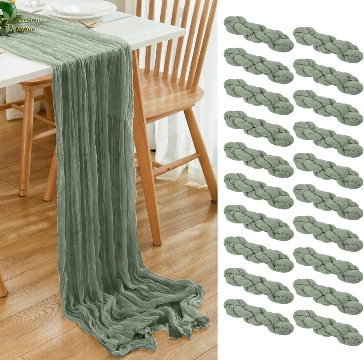 20 Pack Sage Green Cheesecloth Table Runner 17x108 Inch Boho Wrinkled Sheer Romantic Gauze Cheese Cloth Table Runner Bulk Decor for Wedding, Bridal Shower, Birthday Party