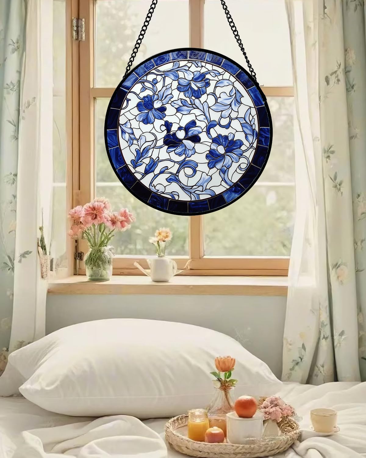 Stained Glass Window Hanging, Blue and White Abstract Flowers Sun Catcher for Door Home Decor Suncatcher Christmas Mother's Day Birthday Gifts for Women Men Mom and Nana 7.8 in