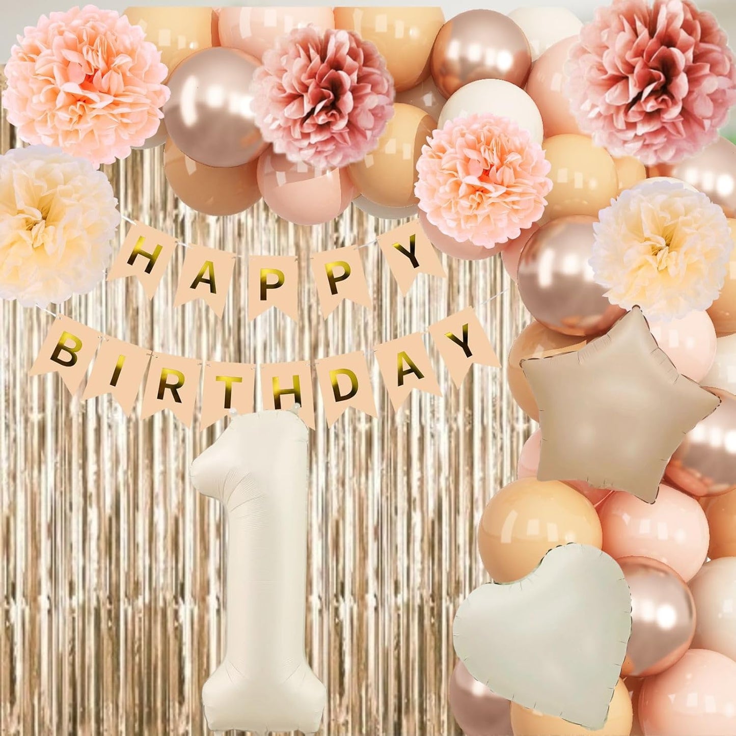 Beige 1st Birthday Decorations Cream Number 1 Balloon Nude Gold Happy Birthday Banner Fringe Curtain Paper Pom Poms Blush White Sand Champagne Star Foil Balloons Neutral Boho Party Decor
