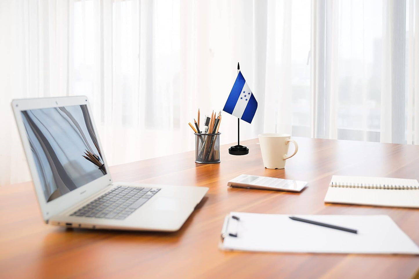 Honduras Honduran Deluxe Desk Flag Set Small Mini Miniature Honduras Honduran Table Desktop Flags With Solid Pole, Black Base and Spear Top (2 Pack)