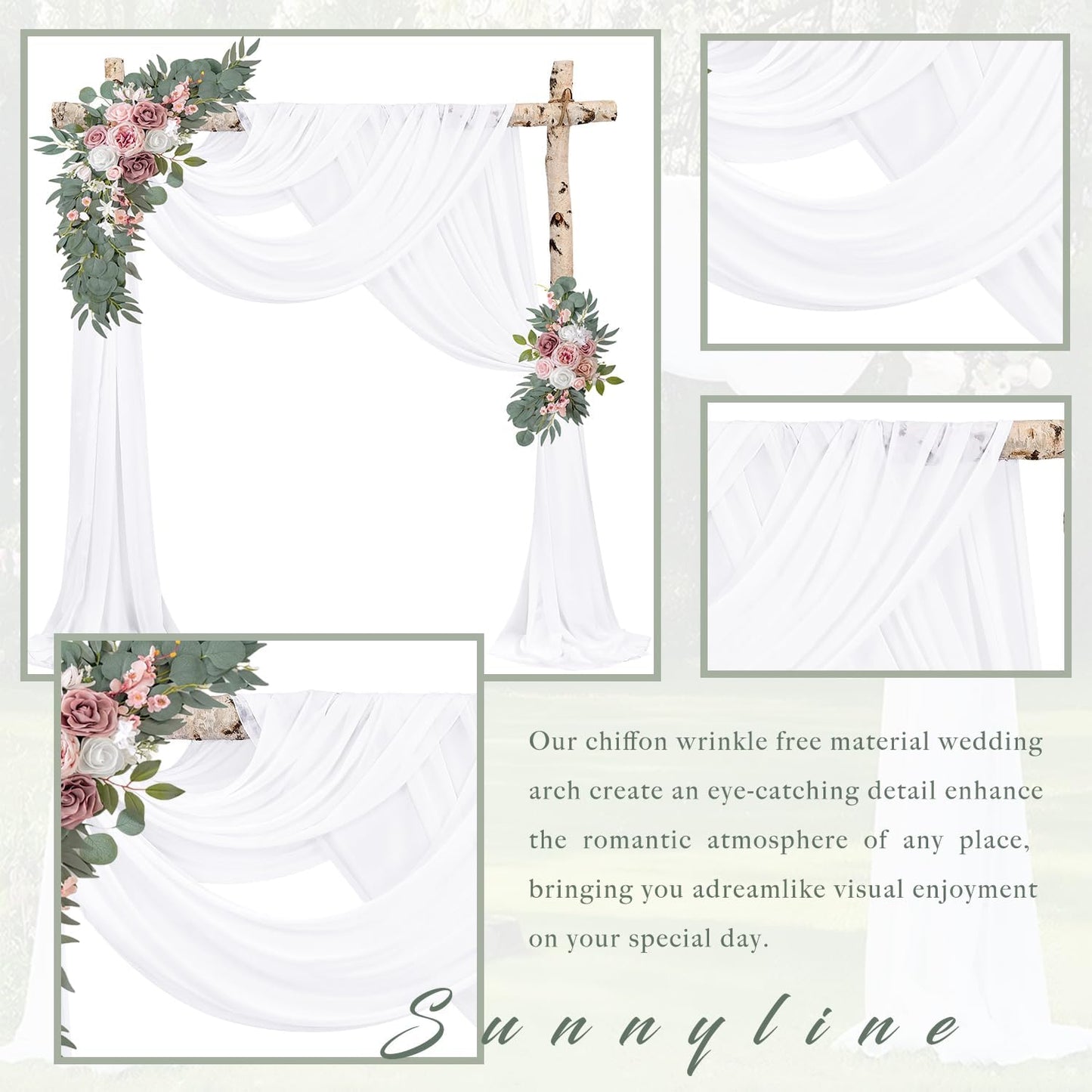 Wedding Arch Draping Fabric 4 Panels 20Ft Length x 28" Width White Arch Drapes Chiffon Fabric Sheer Curtains Backdrop for Party Bridal Decorations Wedding Ceremony Ceiling Stage Reception Decor