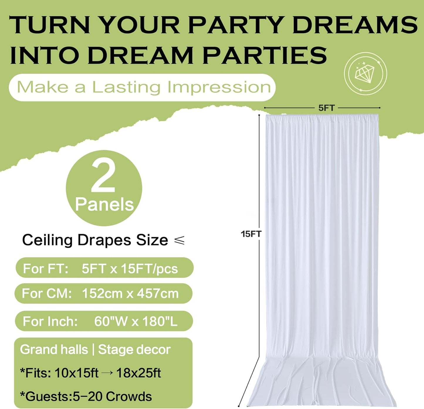 PartyVillage 10ft×15ft White Backdrop Curtain for Wedding Parties, 2 Panels Wrinkle Free 15 FT Long Polyester Photo Backdrop Drapes Back Drop Cloth for Birthday Photography Background