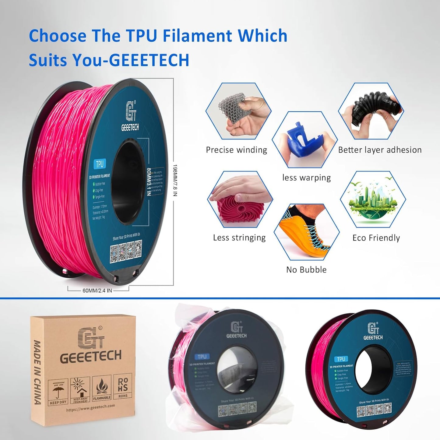Geeetech TPU Filament 1.75mm – 95A Flexible 3D Printer Filament with High Elasticity, 1KG (2.2lbs) Spool, Dimensional Accuracy ±0.03mm, Fits Most FDM Printers (Pink)