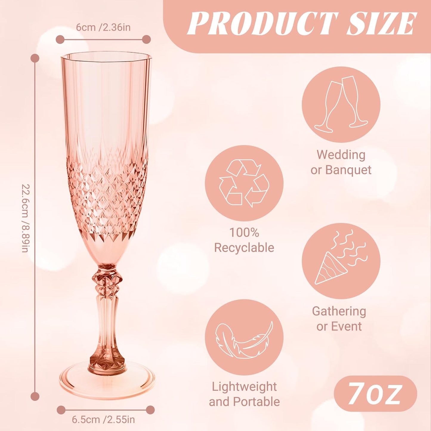 Plastic Champagne Flutes, 24PCS Rose Gold Wine Glasses Goblets Cups Reusable Flute, for Weddings Bachelor Parties Toasting and Events(24, Rose Gold)