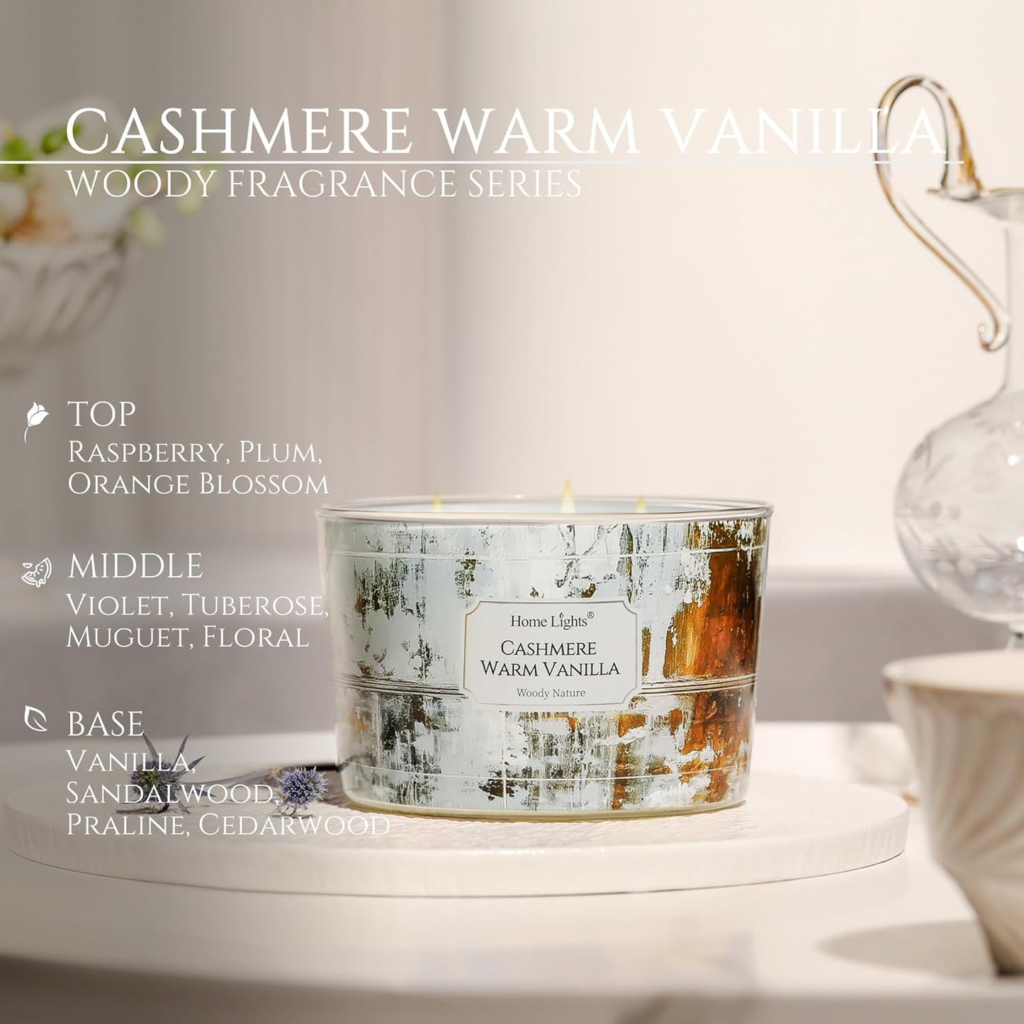 HomeLights Scented Candles for Women & Men, 18oz Candle Jars Aromatherapy 4-Wick Candle, Ideal for Industrial Chic Home Decor and Gifts, Cashmere Warm Vanilla