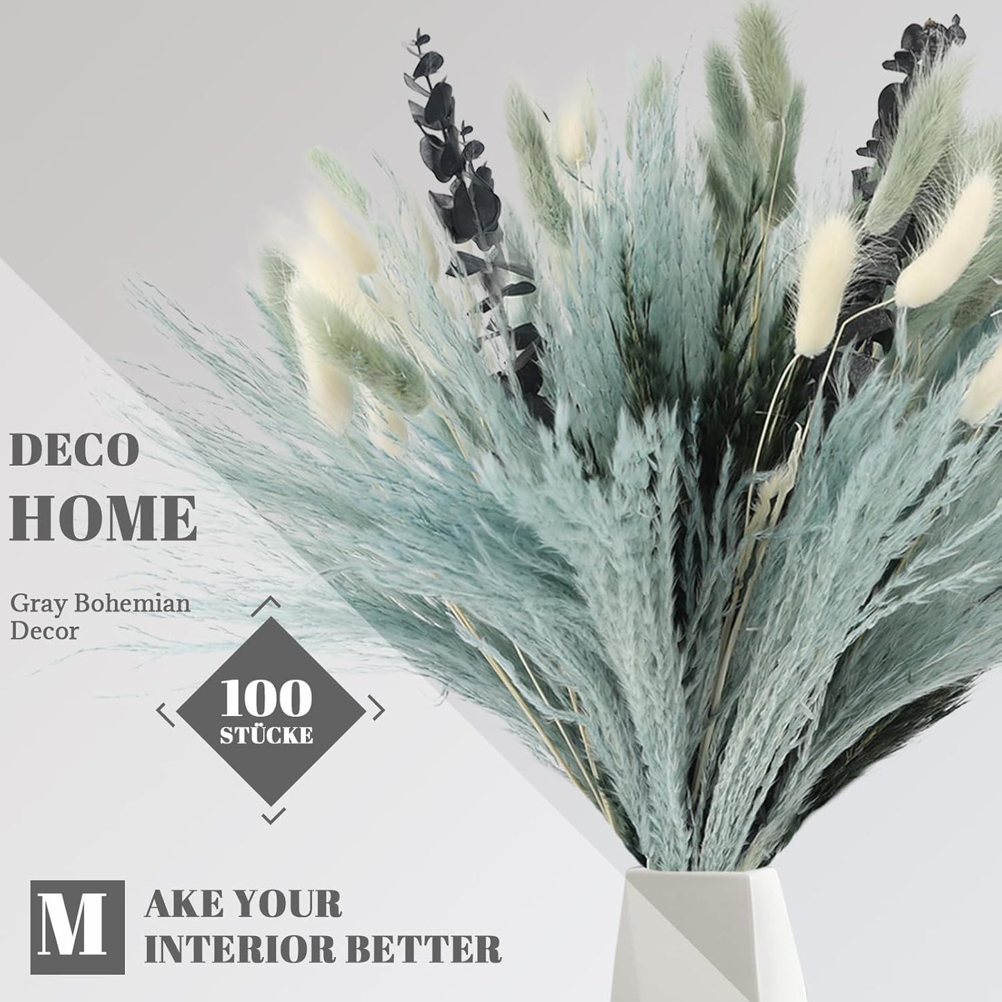 N&T NETING 100Pcs Grey Pampas Grass Decor Natural Dried - Gray Pampas Grass Bunny Tails Eucalyptus Leaves Gray Flowers for Centerpieces Rustic Living Room Home Wedding Boho Modern Decor(17.5 Inch)