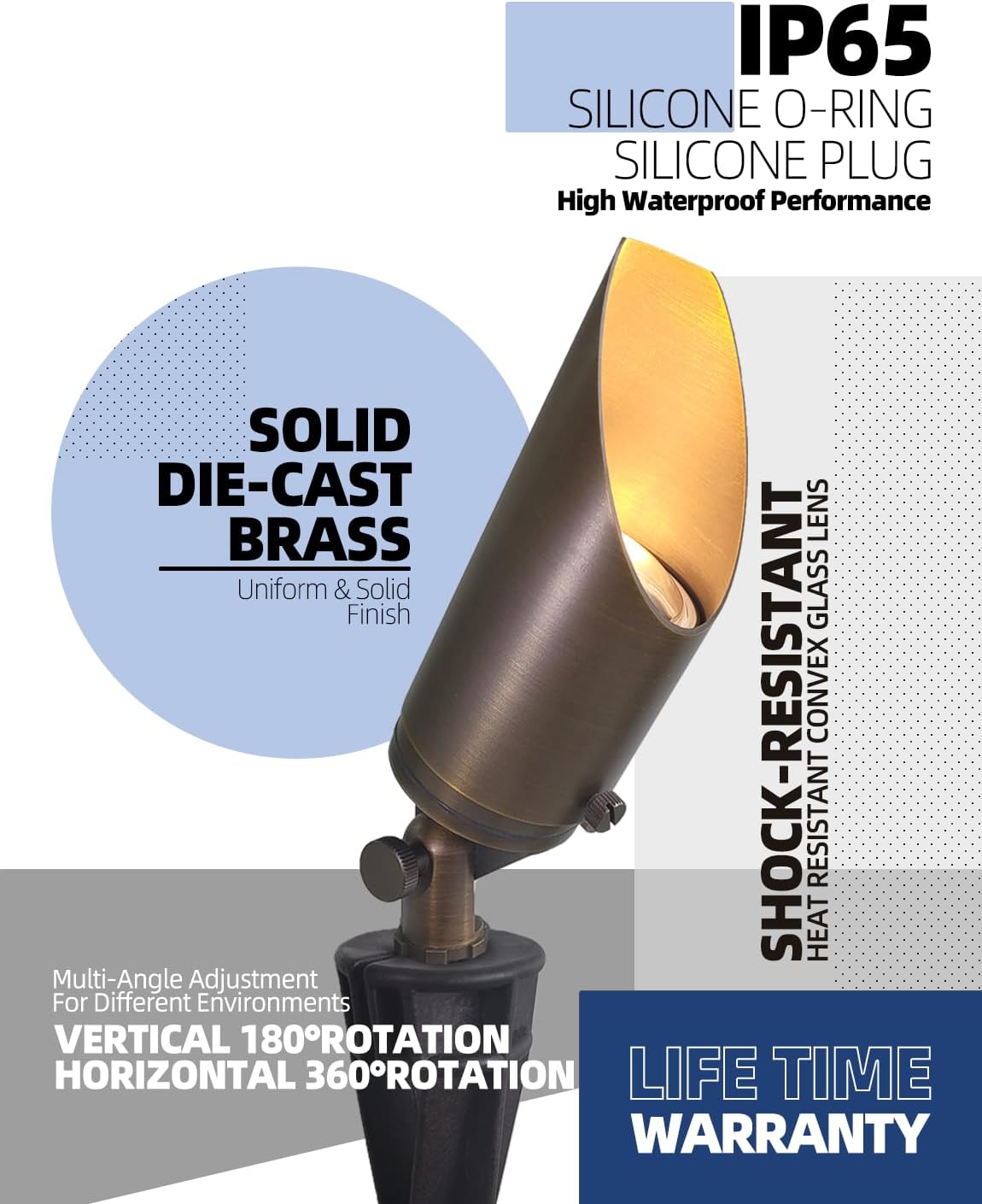 MALORY Brass Landscape Spotlight 4-Pack with 5W LED MR16 Bulb Kit(S03), 12V AC/DC Low Voltage Outdoor Landscape Lighting Shroud Adjustable,Ground Stake and Wire Connector Included,2700K Warm White