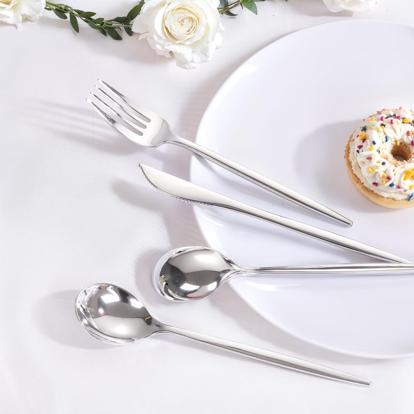 PULOTE 300PCS Silver Plastic Silverware Disposable - Heavy Duty Silver Plastic Cutlery - Disposable Utensils Set Include 100 Knives, 100 Forks and 100 Spoons for Party & Wedding