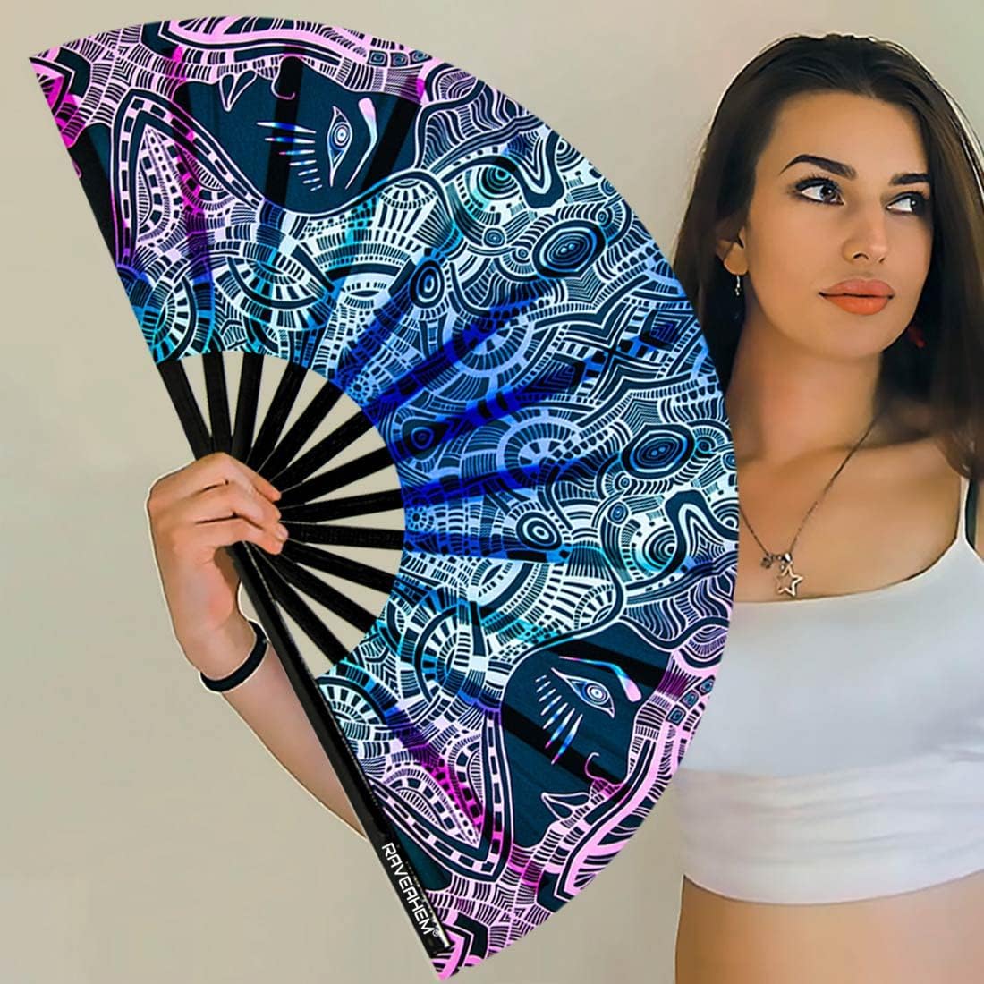 UV Glow Rave Fan, Bamboo Folding Clack Hand Fans Foldable for Men Women, Boots on the Ground Poping Fan for EDM Festival Line Dance Decoration, (Kaleidoscope Girls, Large 13")