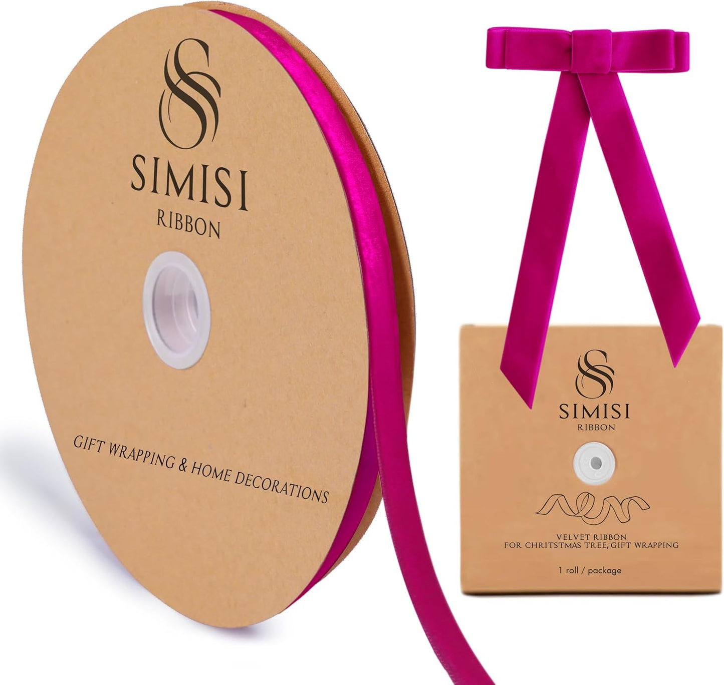 Hot Pink Velvet Ribbon 3/8'' 25 Yards for Christmas Tree, Gift Wrapping, Flower Bouquet, Wreath Decorations, Bow Making