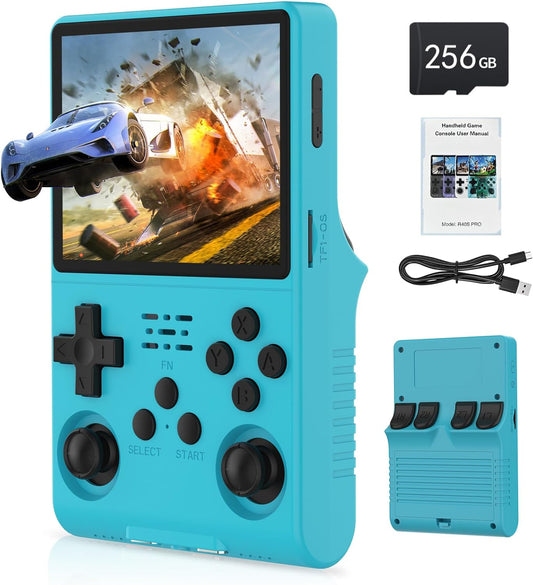 FVBADE[30000 in 1] R40S PRO Handheld Game Console 3.5 inch IPS Screen Mini Retro Console 3800mAh Portable Pocket Arcade 45+ Mainstream Emulator 256G TF Card Transparent.(Blue)