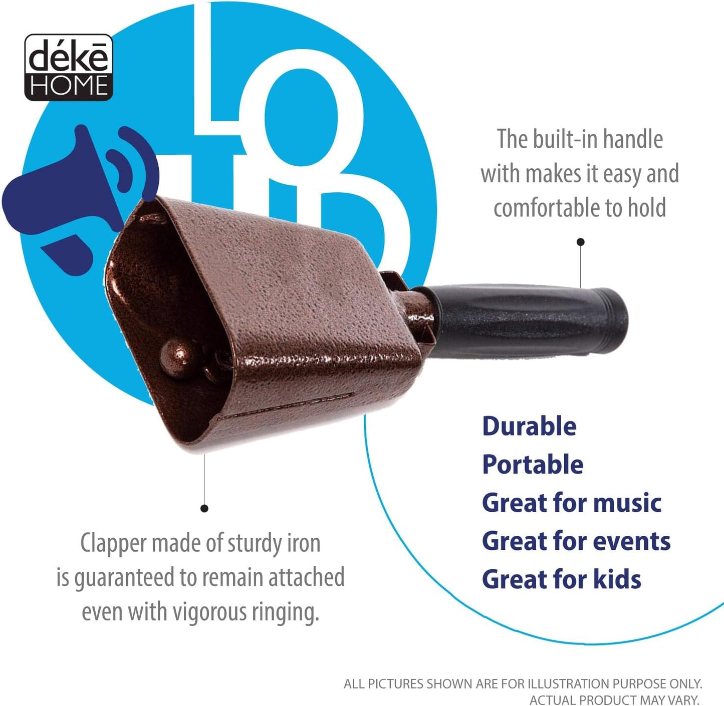 Deke Home - 2 Pack 7 Inch Steel Cowbells with Handle, Loud Noise Makers for Football, Sports, Parties, Competitions, School Spirit & Safety, Large Hand Bell for Cheering & Percussion Instrument