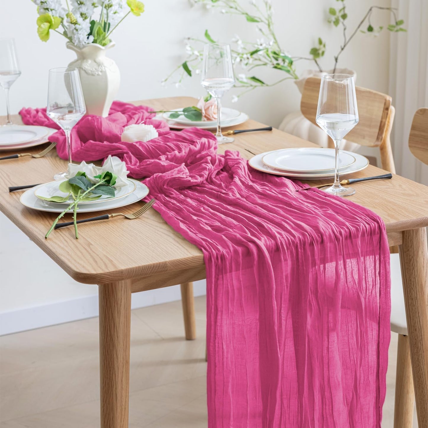 Asee'm 6pcs Cheesecloth Table Runner 120 Inches Long Deep Pink Boho Gauze Cheese Cloth Runner 10FT Rustic Sheer Table Runners for Christmas Wedding Party Baby Shower Spring Easter Decoration