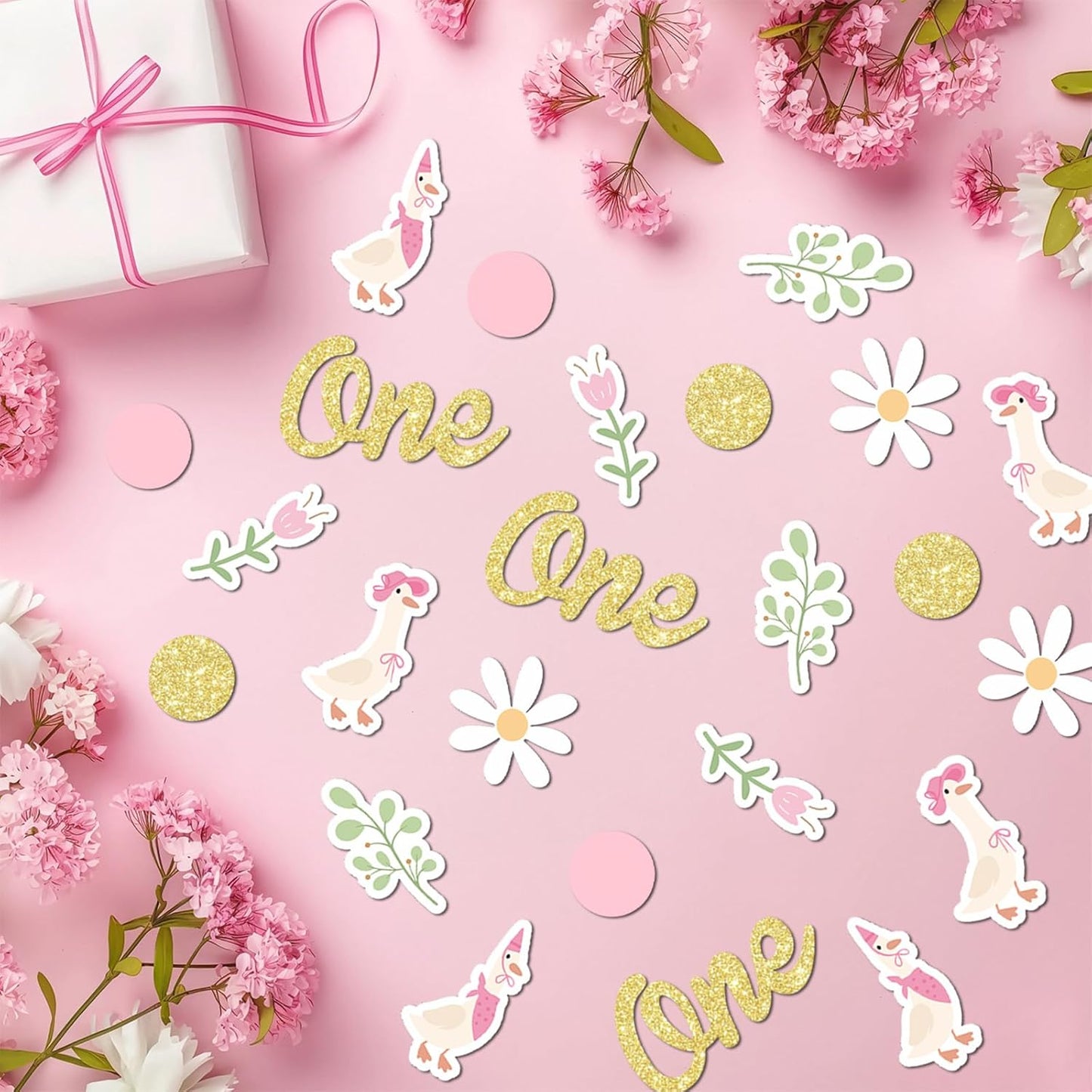 220PCS One Silly Goose Birthday Decor for Girl, Goose Dot Leaves Flower 1st Birthday Confetti for Pink and Gold First Bday Decorations.