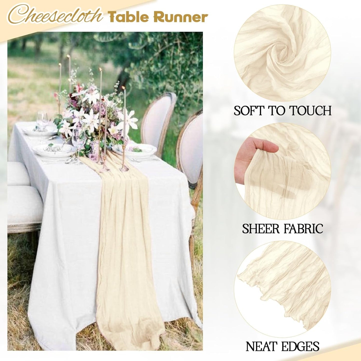 Aktor 12 Pack Ivory Table Runner Boho Cheesecloth Table Runner Semi Sheer Gauze Fabric Runners for Wedding Birthday Baby Shower Party Boho Table Decoration（Ivory）