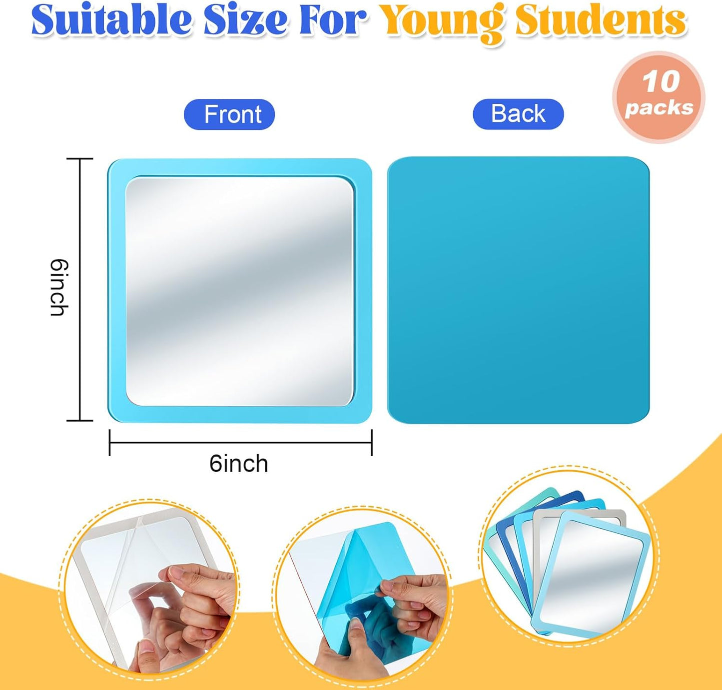 Dandat 10 Pcs Small Mirrors for Kids 6 x 6 Inch Square Shatter Proof Reflector Toddler Glass Plastic Reflector for Classroom DIY Craft Preschool Facial Expression (Blue-Gray Colors)