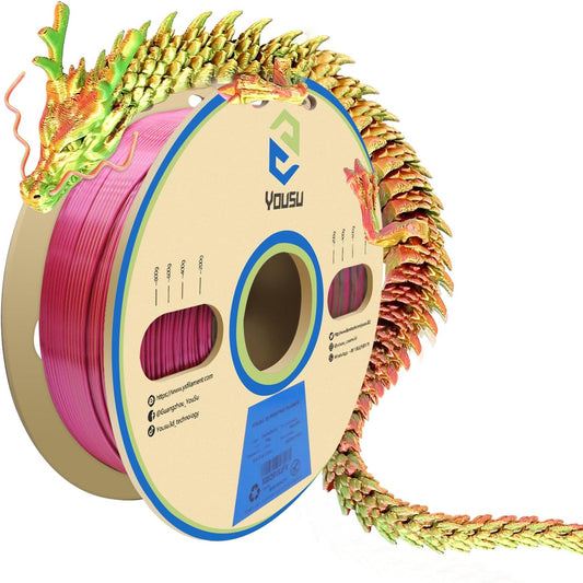 YOUSU Silk Tri Color PLA Filament，Coextrusion PLA Filament 1.75mm，1KG/Roll,3D Printer Filament Silk PLA Gold & Green & Rose red.