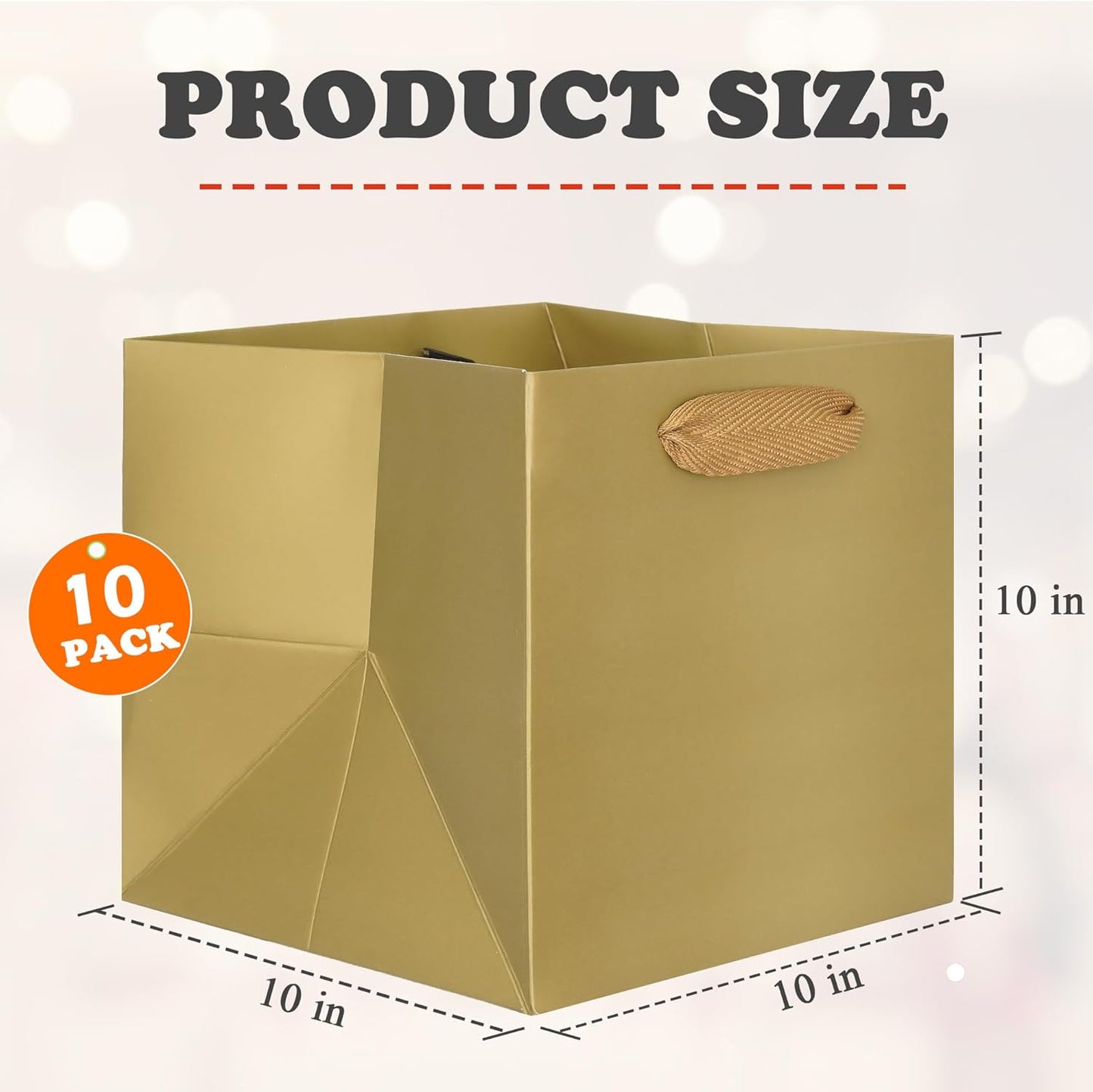 ADIDO EVA Gold Square Gift Bags Medium Size Square Bottom Paper Bags with Handles for Party Favor, Shopping Packaging Bag (10x10x10 In, 10 CT)