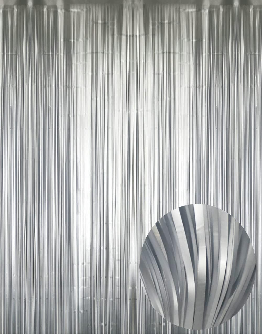 GOER 3.2 ft x 8.2 ft Metallic Tinsel Foil Fringe Curtains Party Photo Backdrop Party Streamers for Birthday,Graduation,New Year Eve Decorations Wedding Decor (3 Pcs,Matte Silver,Thick Material)