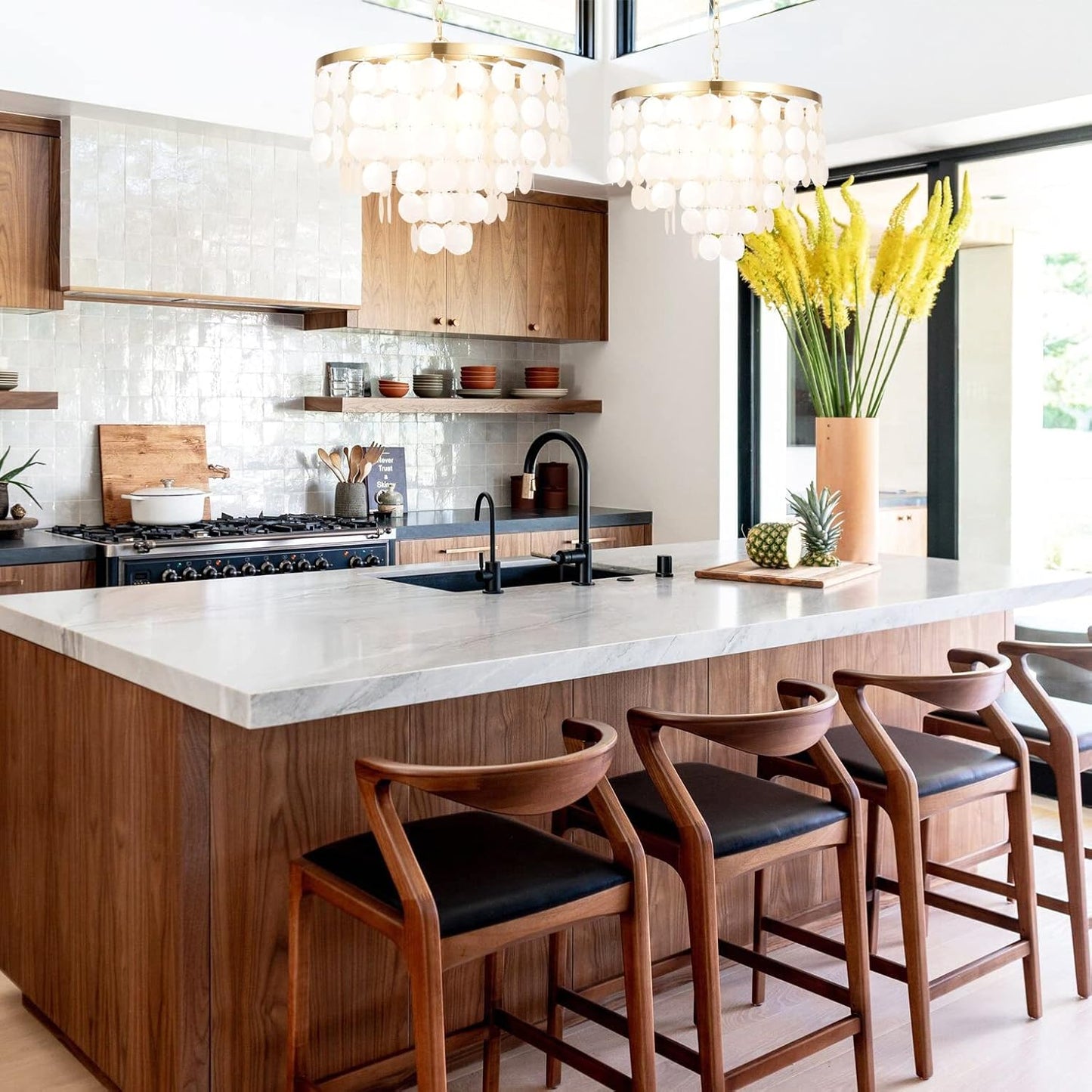 ALICE HOUSE 18.2" White Shell Chandeliers, Brushed Brass Finish, Coastal Kitchen Island Light Fixture, 4 Light Modern Pendant Light for Dining Room, Entryway and Bedroom, ETL Listed, AL2608-P4