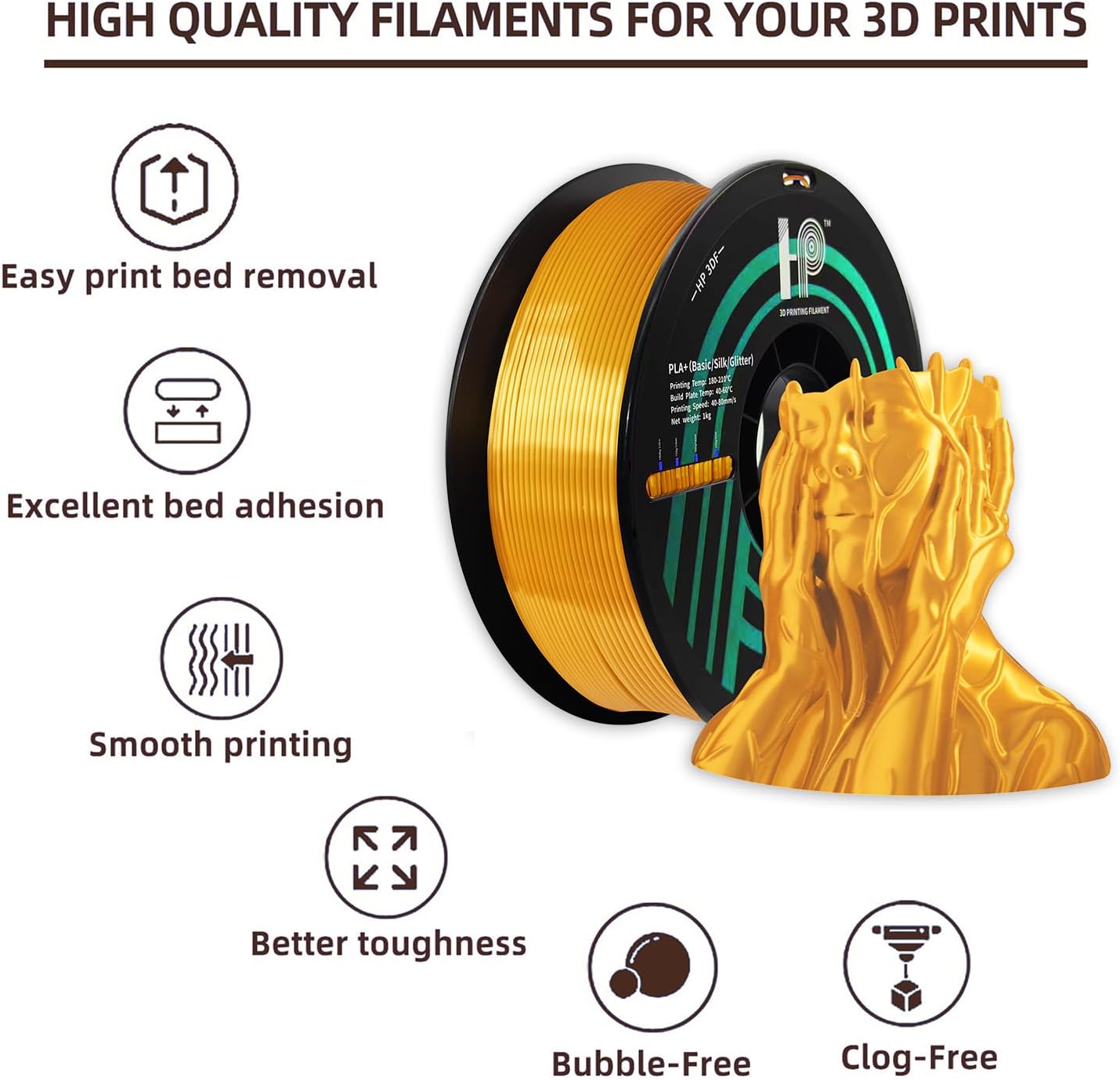PLA Filament, Silk PLA, 3D Printer Filament, PLA Filament 1.75mm Dimensional Accuracy +/- 0.02mm, 1KG Spool (2.2 lbs), Fit Most FDM Printer (Silk Gold)