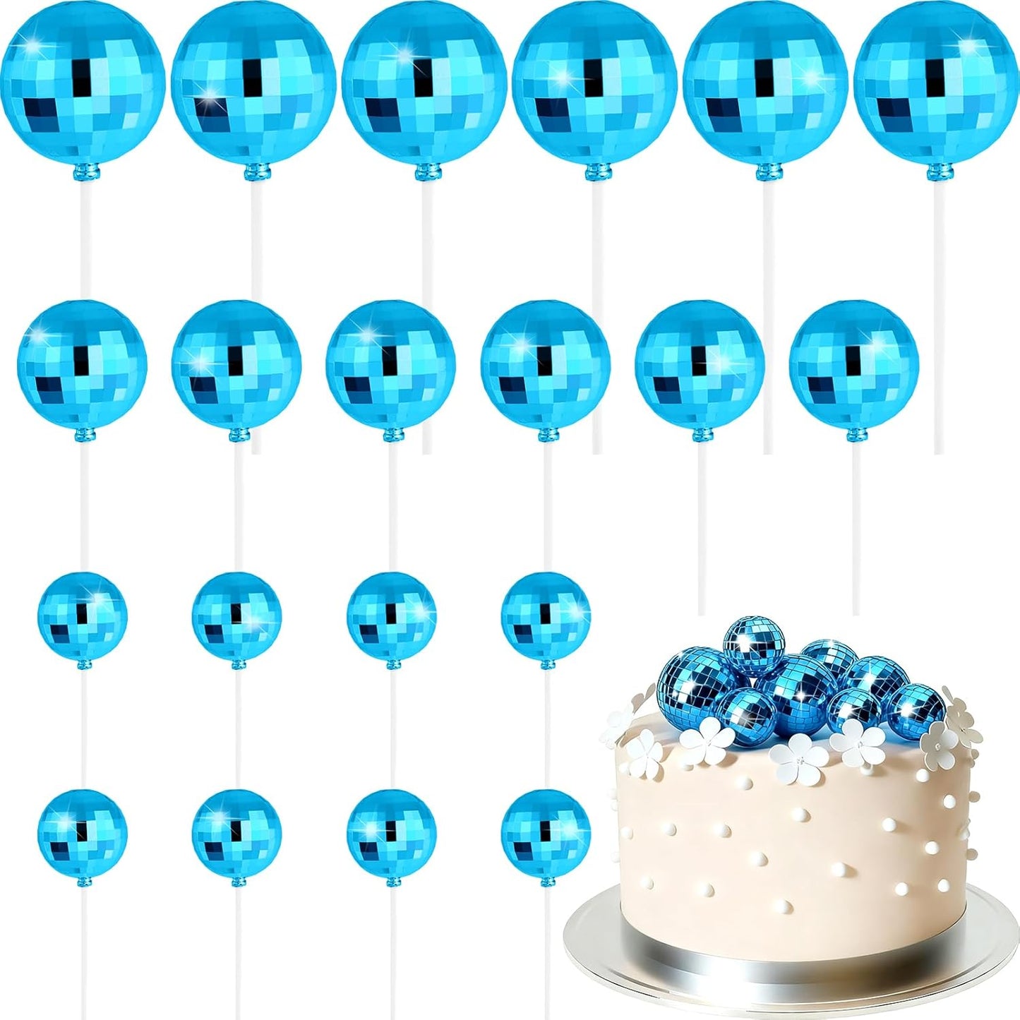 ASTARON 20 Pcs Disco Ball Cake Topper Decorations Sticks Blue Cake Balls Picks Toppers for Birthday Anniversary Disco Retired Theme Party Decorations