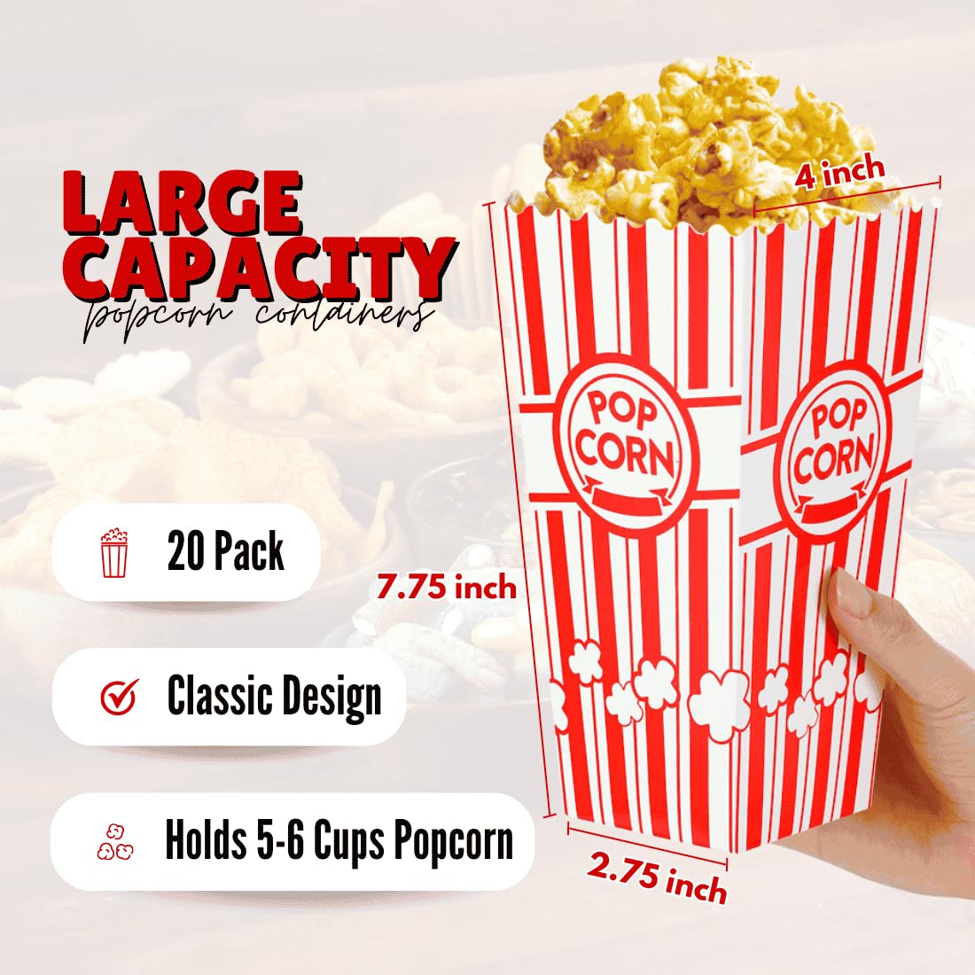 ZEEGO0 20-Pack Popcorn Boxes, Sturdy and Durable Popcorn Bucket, 7.75in Tall Large Capacity Popcorn Containers, Cups & Bowls, Convenient Movie Night Supplies, Perfect for Families, Parties, Carnivals