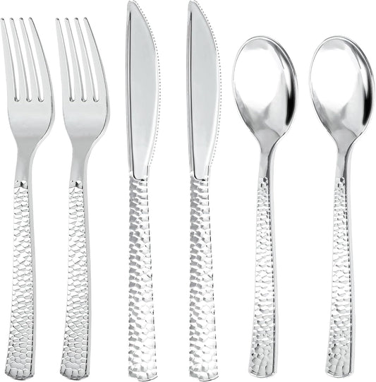 300Pieces Silver Plastic Silverware - Hammered Disposable Utensils - Heavy Duty Plastic Cutlery Set Includes 100 Forks, 100 Spoons, 100 Knives for Dinner Parties Weddings